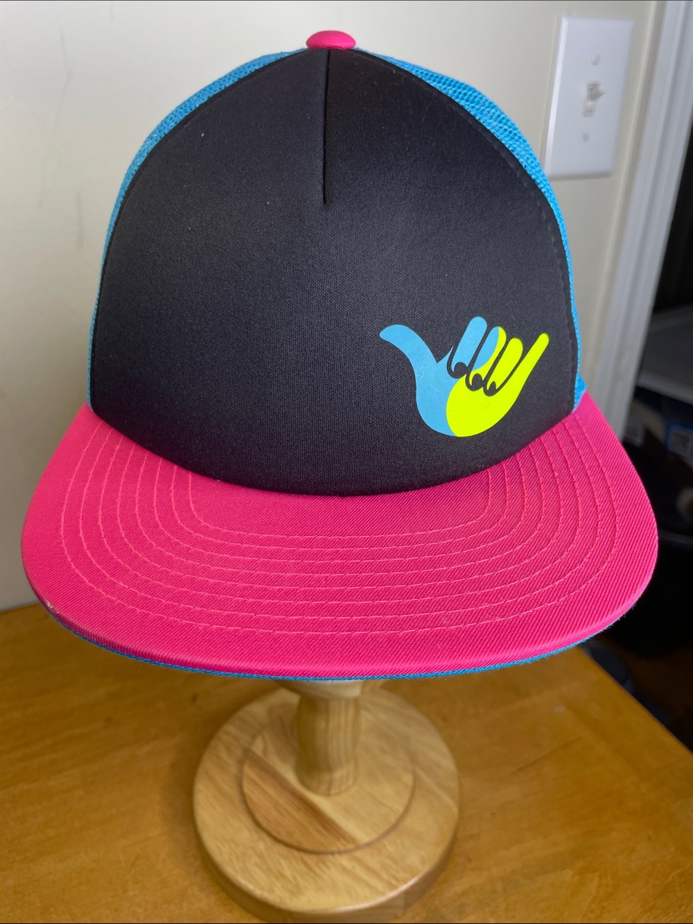 Crush Groovin Colorblock Trucker Hat with Shaka Graphic - Black, Pink & Blue